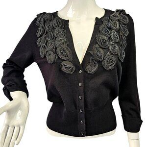 Cyrus Black Rose Embellished Short Cardigan 3/4 Slv Viscose Nylon Knit Womens M
